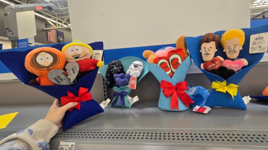 Four duo plush bouquets on store shelves