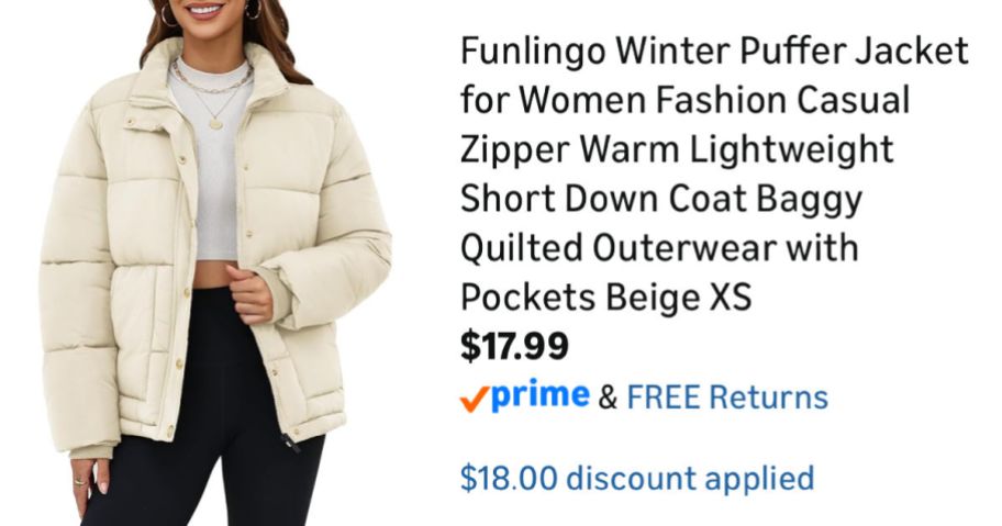 woman wearing ivory puffer jacket next to Amazon pricing information