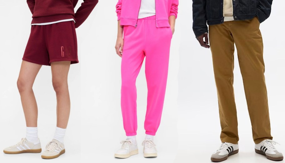 people wearing red shorts, pink and tan pants