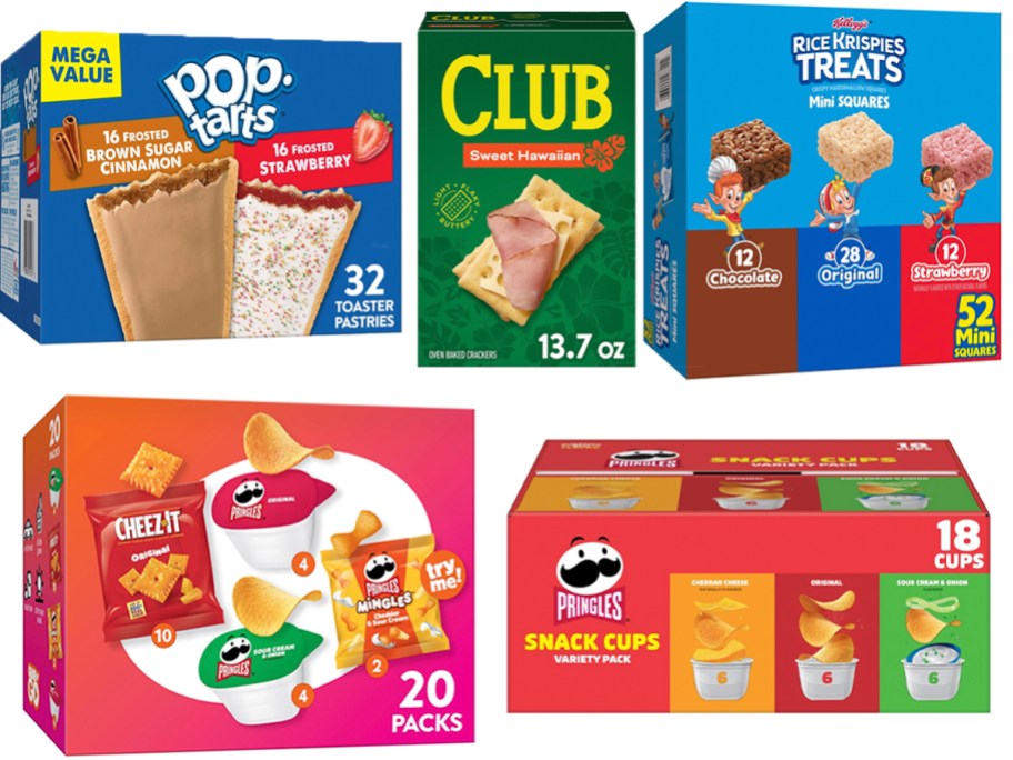 pringles, rice krispies, pop tarts and pringles packs and club crackers