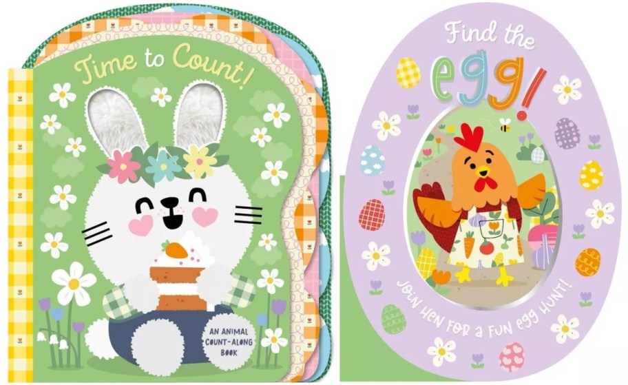 A colorful children's book cover featuring a cheerful bunny on the left side and a rooster on the right side, with playful text encouraging counting and an egg hunt.