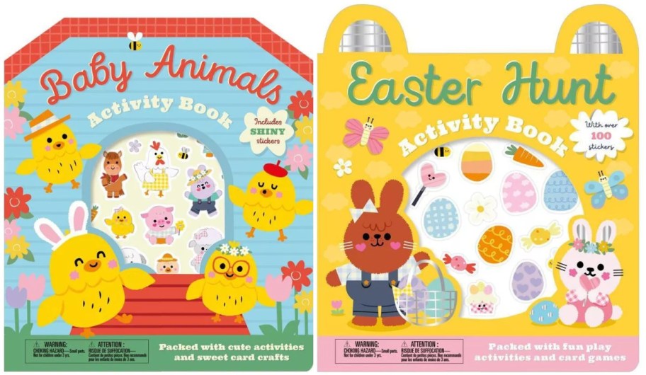 Two children's activity books. On the left, "Baby Animals Activity Book" features cute animal illustrations and stickers, decorated with floral designs. On the right, "Easter Hunt Activity Book" displays Easter-themed images with a bunny and eggs, also adorned with colorful decorations.