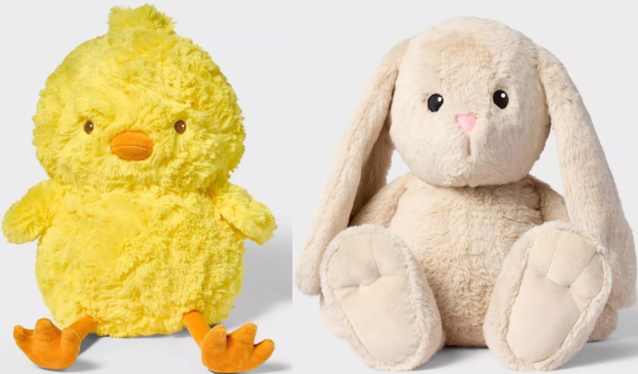 A yellow plush chick and a beige plush bunny sit side by side.