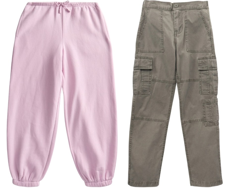 a pair of girls joggers and a pair of boys cargo pants