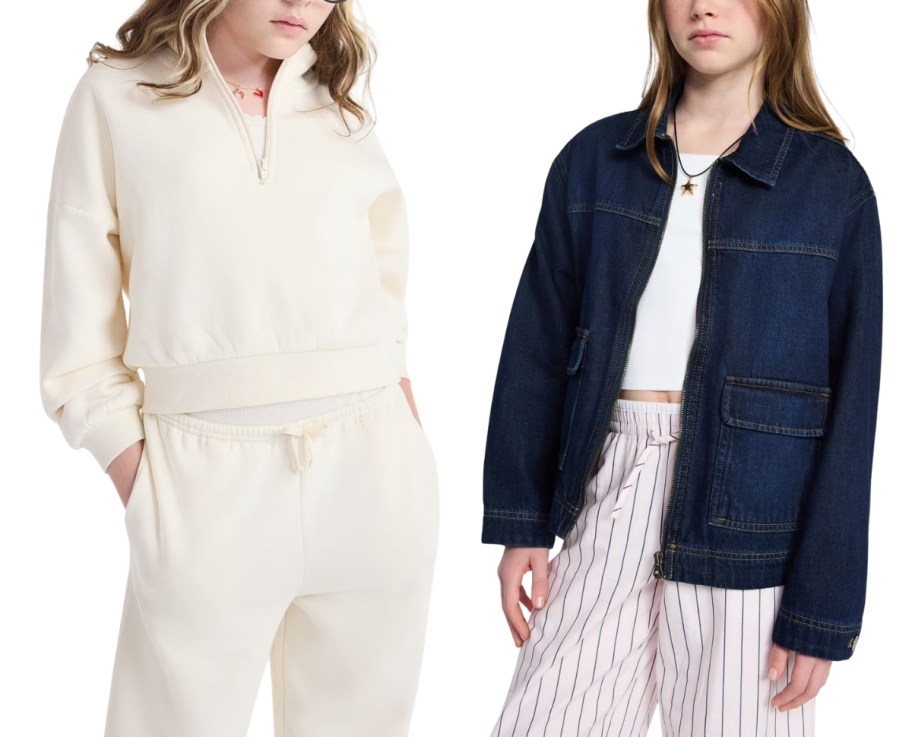 girl in a quarter zip and a girl in a denim jacket