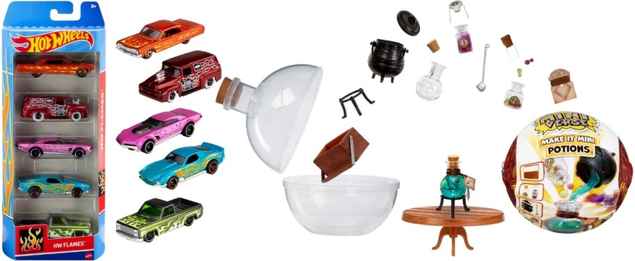 hotwheels car 4 pack and harry potter make it mini