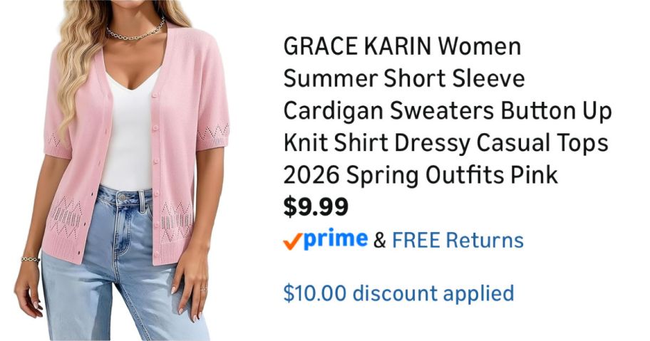 woman wearing pink cardigan next to Amazon pricing information