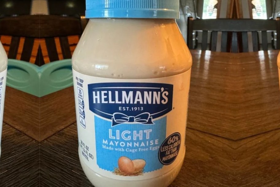 hellmanns light mayo jar on table top