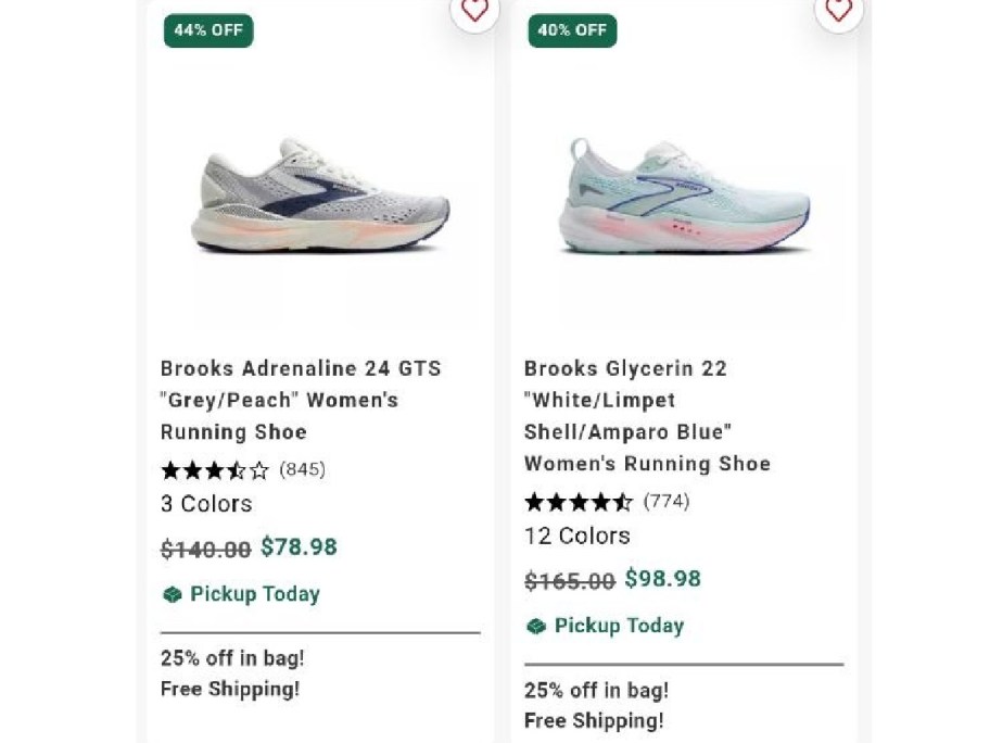 Two pairs of women's running shoes: Brooks Adrenaline 24 GTS in grey/peach on the left with a 44% discount, and Brooks Glycerin 22 in white/blue on the right with a 40% discount.