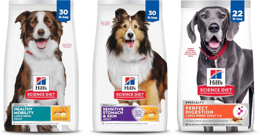 three bags of dog science hill dog food 