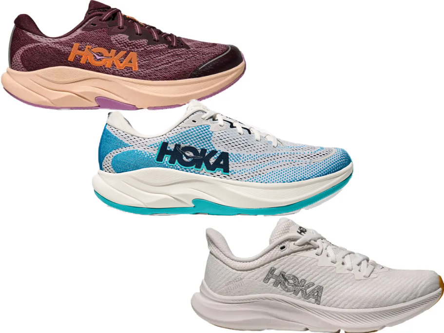 purple, blue, and gray hoka shoes 