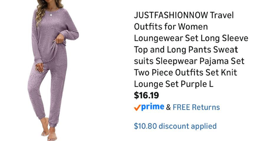 woman wearing purple lounge set next to Amazon pricing information