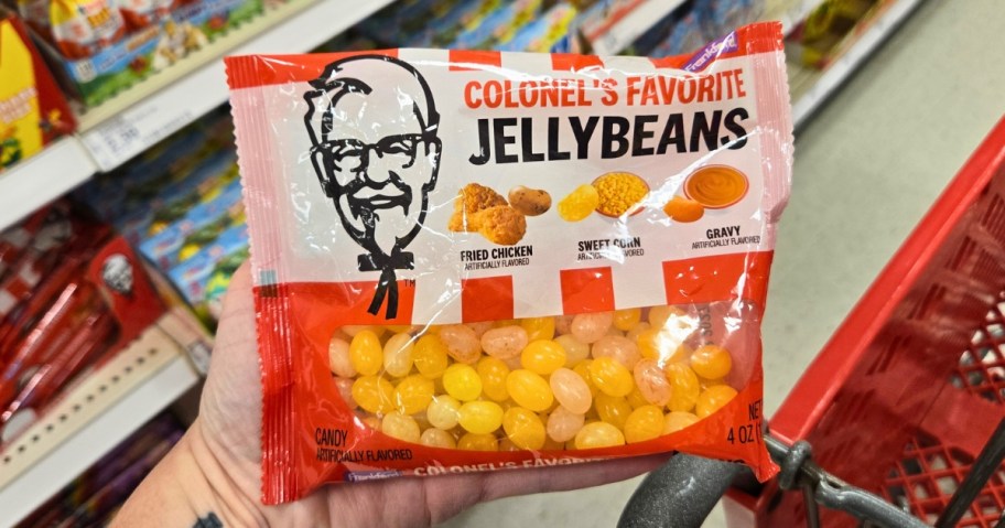 hand holding a bag of KFC Jelly Beans in a store