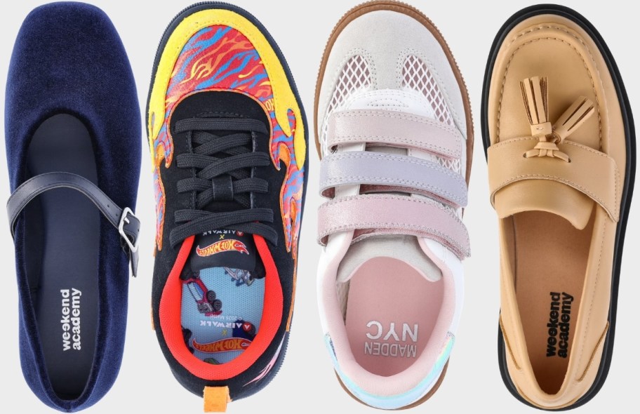 girls ballet flat, boys sneaker, girls velcro sneaker, and girls loafer