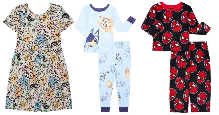 a kids character dress and two pajama sets