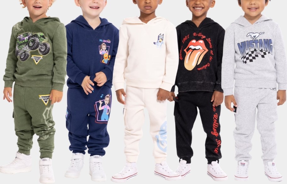 5 boy wearing different characters jogger sets