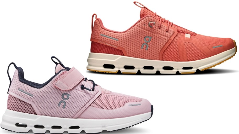 on kids cloud shoes in pink and orange
