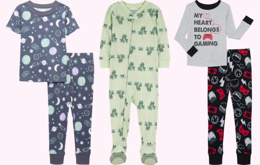 2 piece pajama sets and a one piece footed pajama