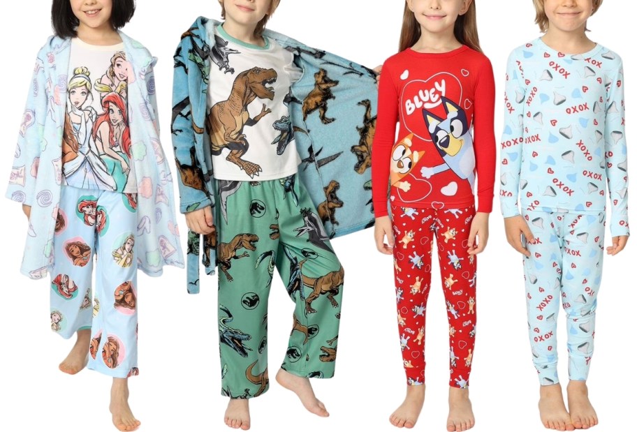 four kids wearing character pajama sets
