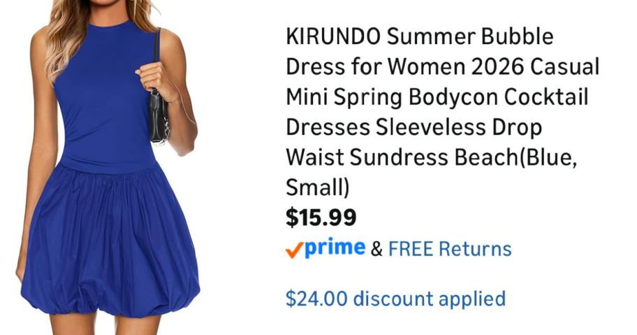 woman wearing blue dress next to Amazon pricing information