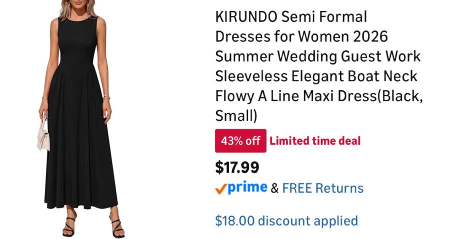 woman wearing black dress next to Amazon pricing information