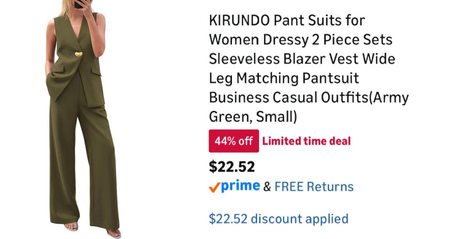 woman wearing green pantsuit next to Amazon pricing information
