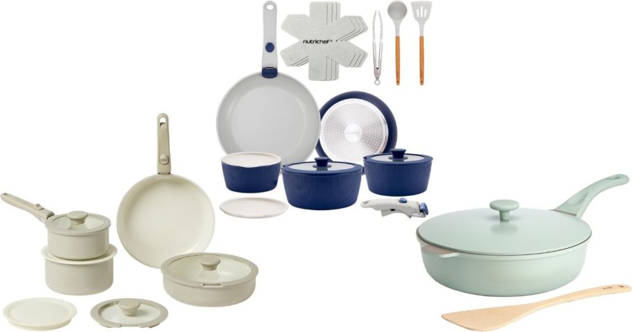 Amazon Basics 11-Piece Ceramic Nonstick Pots & Pans Set, NutriChef 18-Piece Ceramic Cookware Set, and Goodful All-in-One Pan Multilayer Nonstick