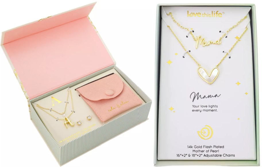 Two open jewelry boxes featuring gold-plated necklace sets. Left: Box with an 