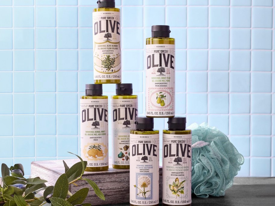 six bottles of korres olive shower gel 