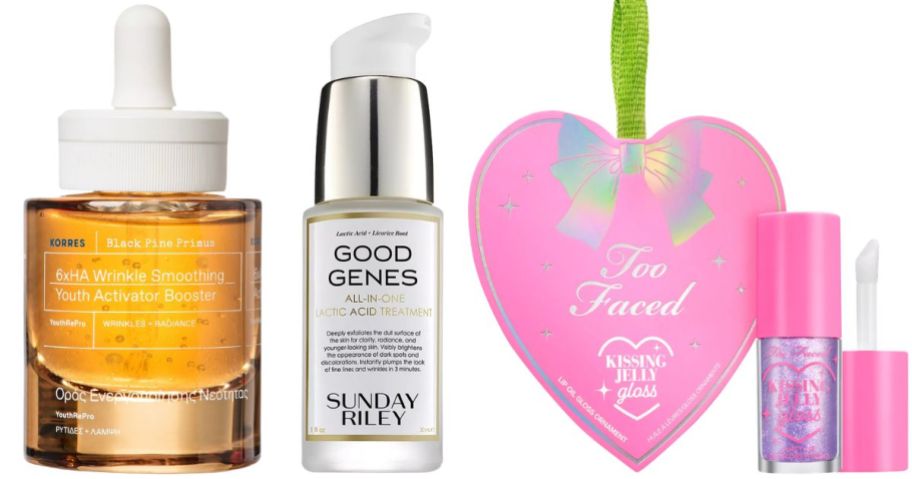 KORRES Black Pine Primus 6xHA Wrinkle Smoothing Booster Serum, Sunday Riley Good Genes All-In-One Lactic Acid Treatment 1oz, and Too Faced Kissing Jelly Gloss Limited-Edition Ornament