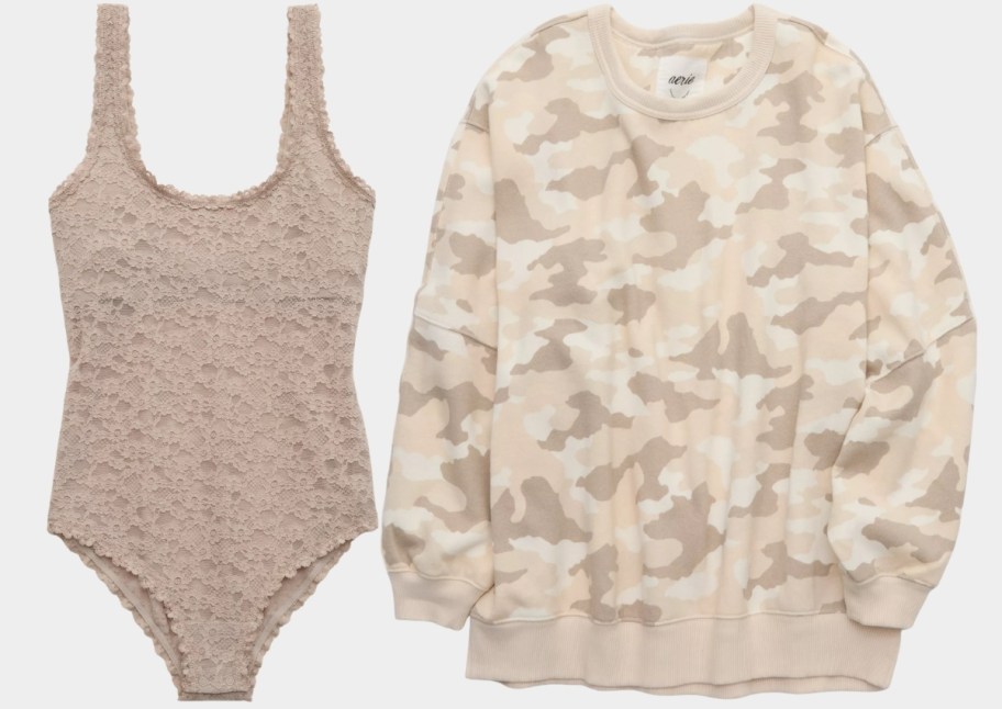beige lace body suit and camo print sweatshirt