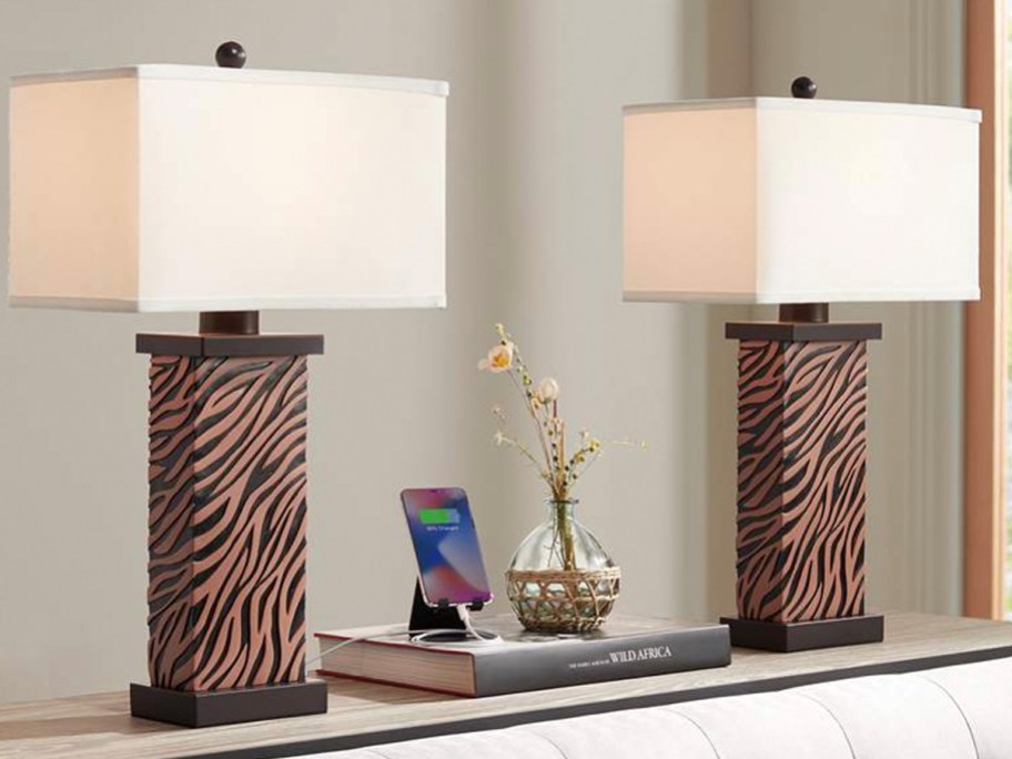 zebra print lamps on table