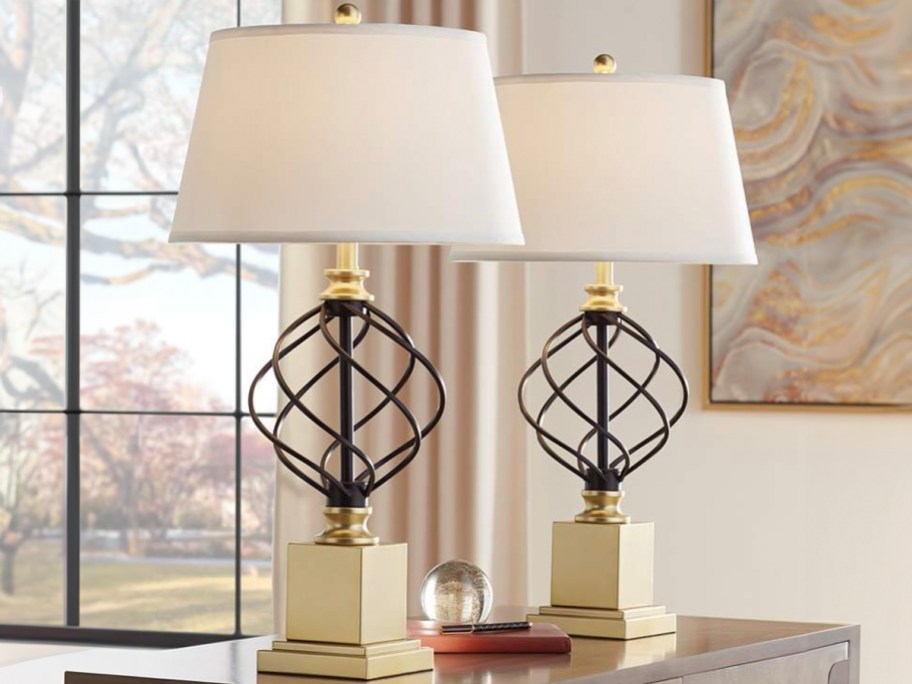 gold and black table lamps in living room