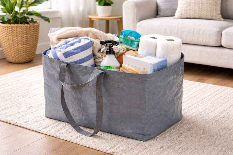 grey storage bag filled with household items