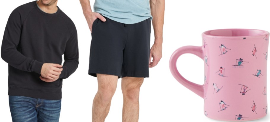 A person in a black sweatshirt and jeans, another wearing a light blue t-shirt with black shorts, and a pink mug decorated with skiing figures.