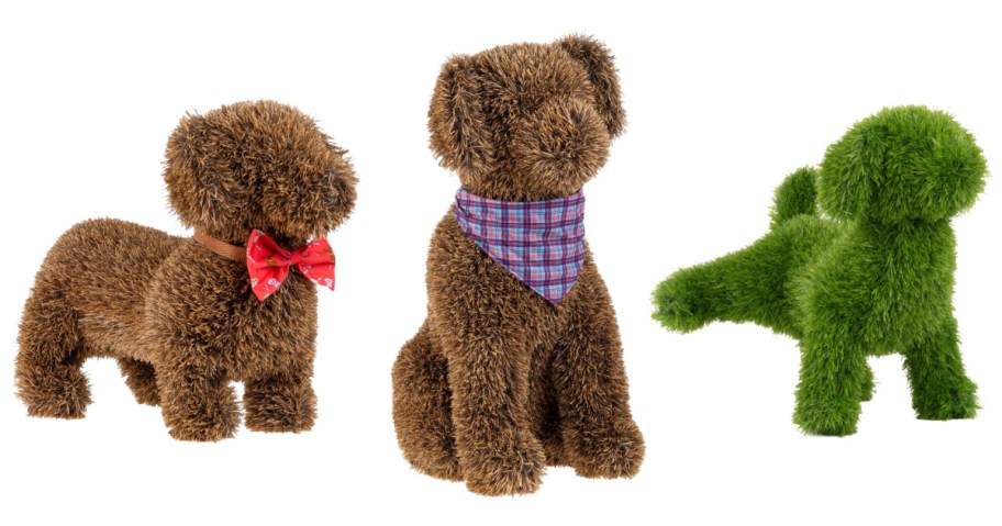 three side by side stock images of topiary dogs