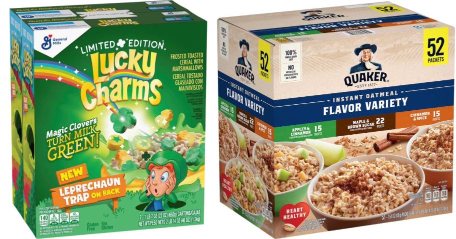 Lucky Charms Cereal 46oz and Quaker Instant Oatmeal Variety Pack 52-Count