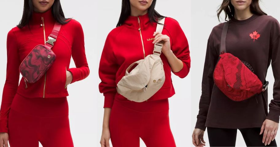 Stock images of 3 women wearing lululemon bags