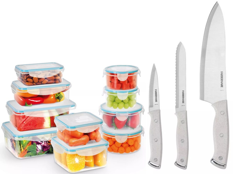 Stacked food storage containers with fresh fruits and vegetables next to three kitchen knives on a white background. 