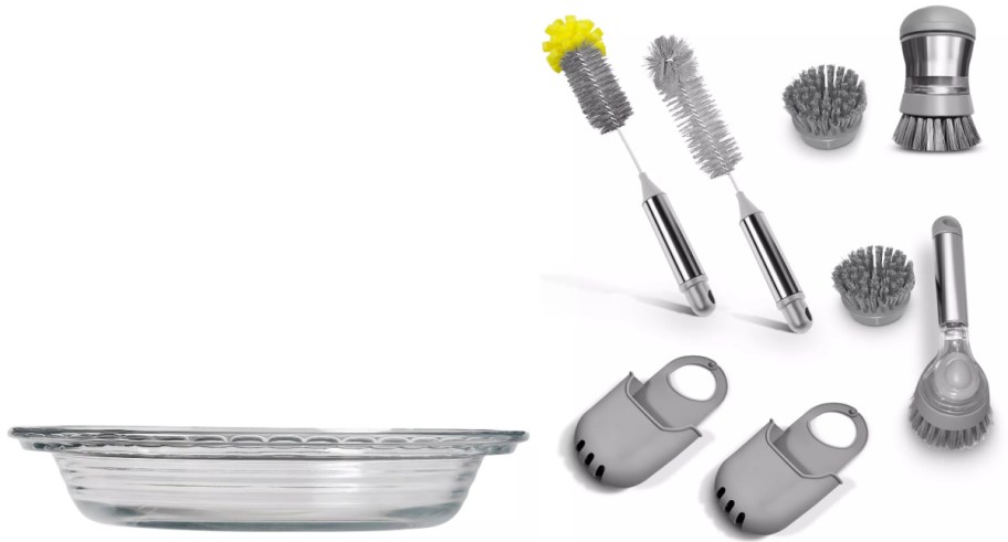 Clear glass pie dish on left; set of silver and gray cleaning brushes and utensils on the right. Tools include scrubbers, bristle brushes, and scrapers.