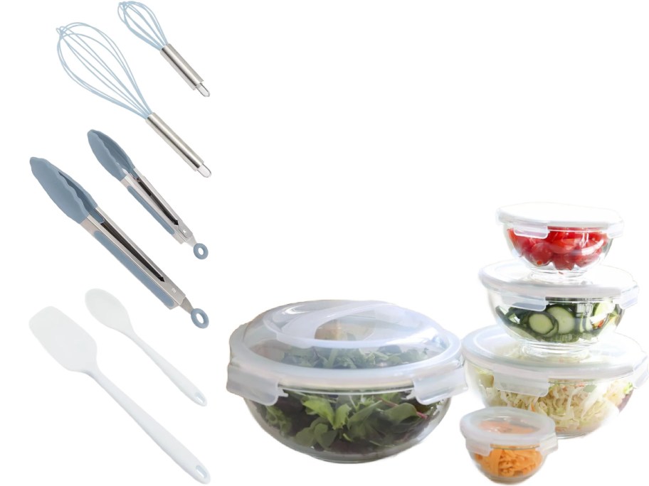Kitchen tools and storage containers: two whisks, two tongs, and two spatulas on the left. On the right, stacked glass bowls with various vegetables.