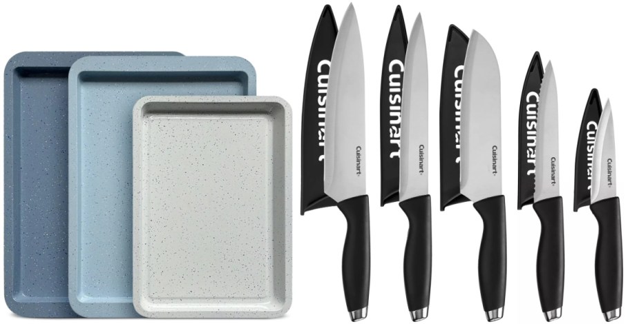 Set of two rectangular baking pans in light blue and light gray next to a six-piece knife set with black handles and blade covers.