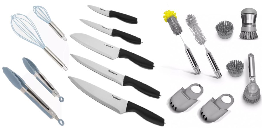 kitchen utensils, knives, and cleaning items 