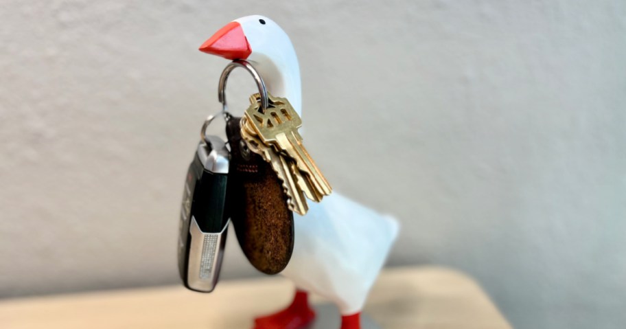 The goose at his desk is holding a key