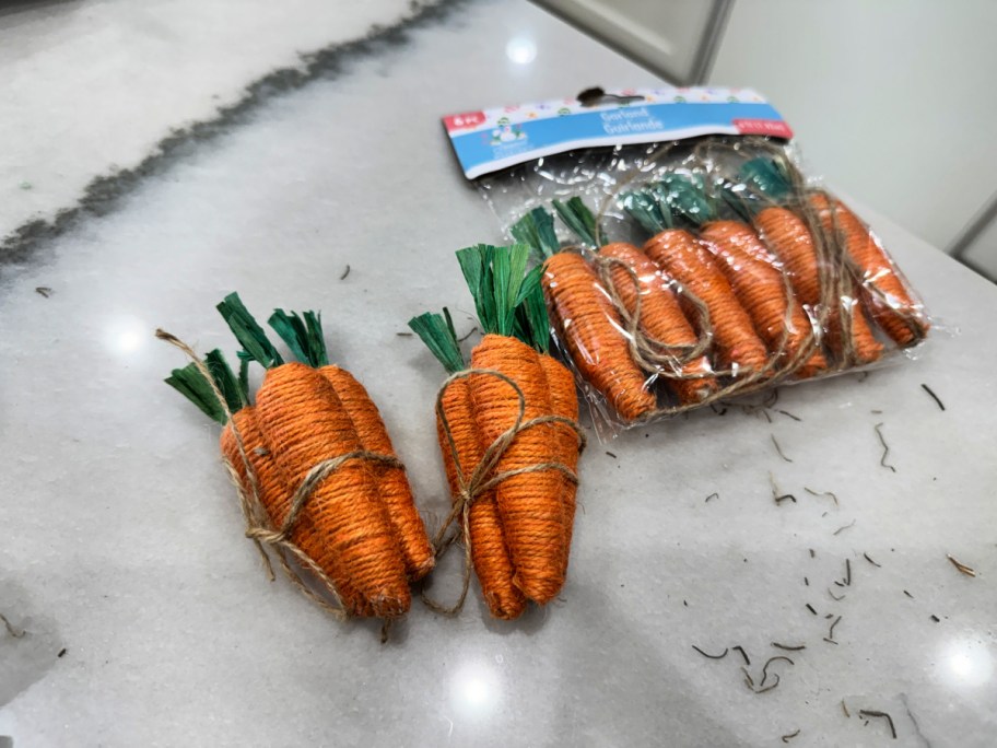 making carrot bundles from dollar tree carrot garland 