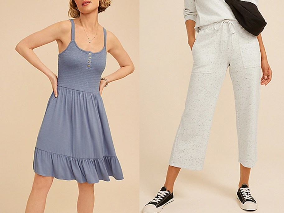 women wearing blue dress and gray pants 