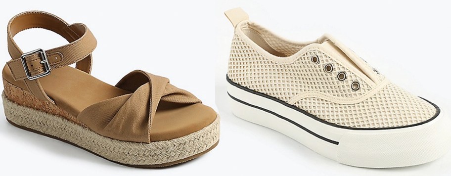 brown sandal and white canvas shoe 