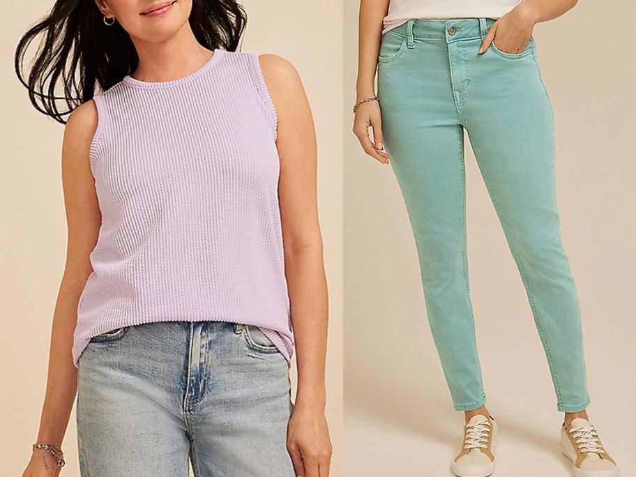 women wearing purple top and green pants 