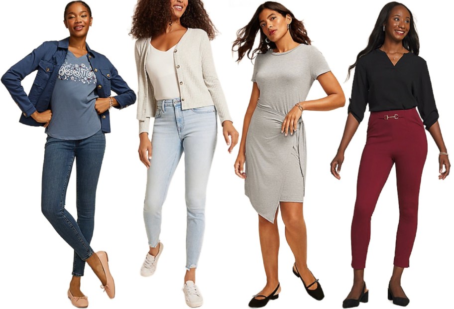 Four women showcasing different styles: casual denim with a jacket, light sweater with jeans, a sleek gray dress, and elegant black top with burgundy pants.