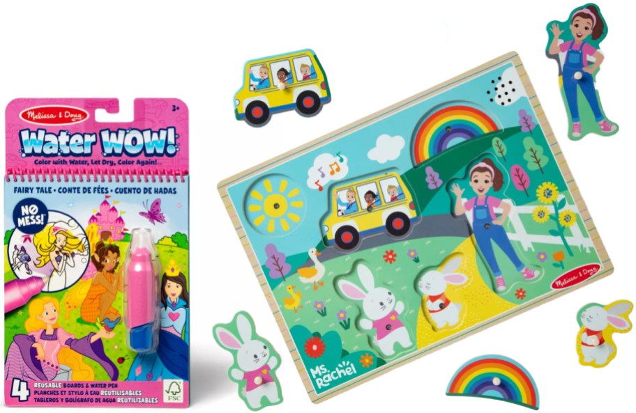 Kids' toys by Melissa & Doug: a "Water WOW!" coloring pad and a magnetic playboard themed with cheerful characters, bunnies, and a colorful rainbow.